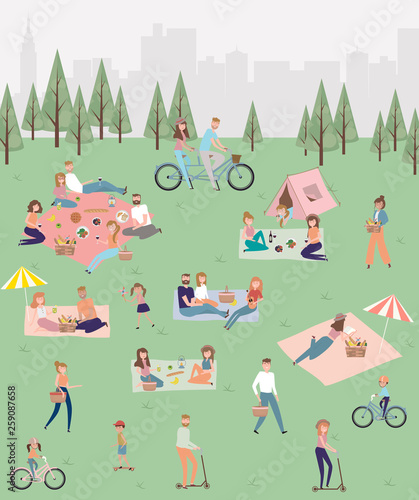Summer picnic with active family vacation with kids, couples, families, relaxing on nature, ride bicycles and skateboard. Editable vector illustration
