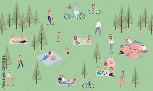 Summer picnic with active family vacation with kids, couples, families, relaxing on nature, ride bicycles and skateboard. Editable vector illustration