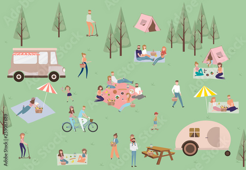 Summer picnic with active family vacation with kids, couples, families, relaxing on nature, ride bicycles and skateboard. Editable vector illustration