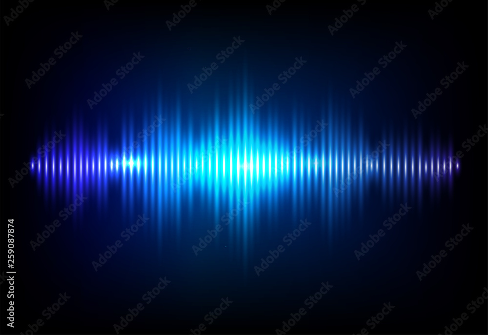 Wave sound neon vector background. Music flow soundwave design, light bright blue elements isolated on dark backdrop. Radio beat frequency consist of lines