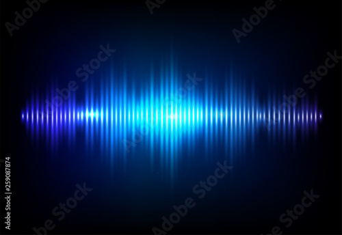 Wave sound neon vector background. Music flow soundwave design, light bright blue elements isolated on dark backdrop. Radio beat frequency consist of lines
