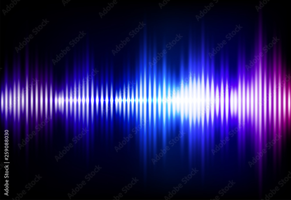 Wave sound neon vector background. Music flow soundwave design, light bright blue and purple elements isolated on dark backdrop. Radio beat frequency consist of lines