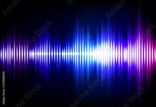 Wave sound neon vector background. Music flow soundwave design, light bright blue and purple elements isolated on dark backdrop. Radio beat frequency consist of lines