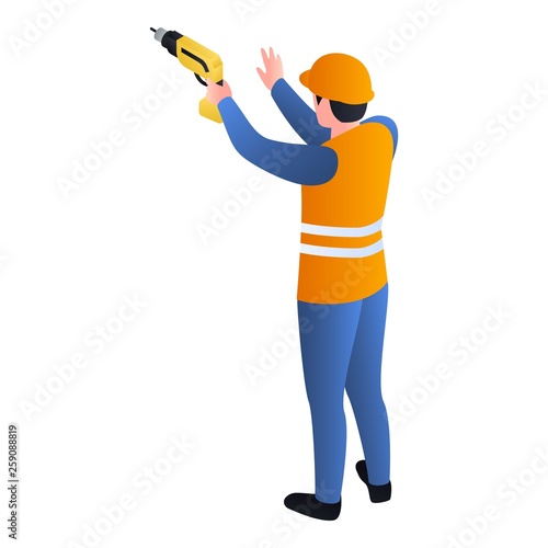Worker with drill icon. Isometric of worker with drill vector icon for web design isolated on white background