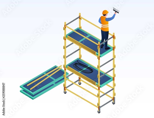 Worker putty on scaffold banner. Isometric illustration of worker putty on scaffold vector banner for web design
