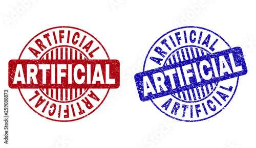 Grunge ARTIFICIAL round stamp seals isolated on a white background. Round seals with grunge texture in red and blue colors. Vector rubber imprint of ARTIFICIAL tag inside circle form with stripes.