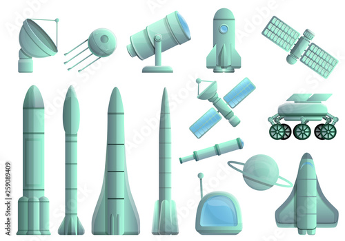 Space research technology icons set. Cartoon set of space research technology vector icons for web design