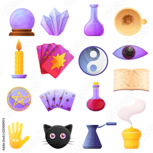 Fortune teller icons set. Cartoon set of fortune teller vector icons for web design