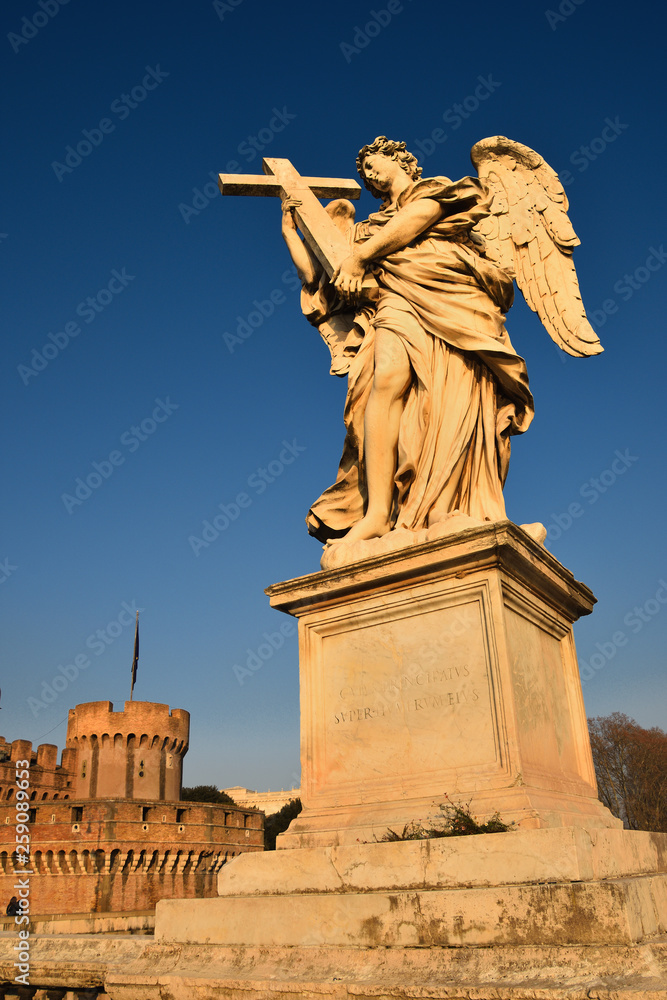 Angel figure on the Aelian Bridge that leads to the Castle of the Holy Angel in Rome. 