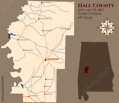 Large and detailed map of Hale county in Alabama, USA