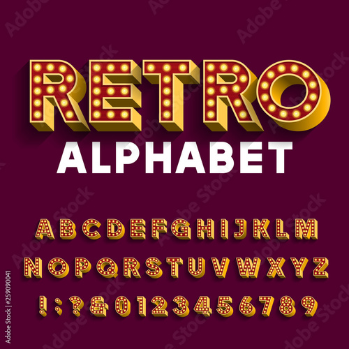 Retro light bulb alphabet font. 3D letters with light bulbs and long shadows. Vector typescript for your design.