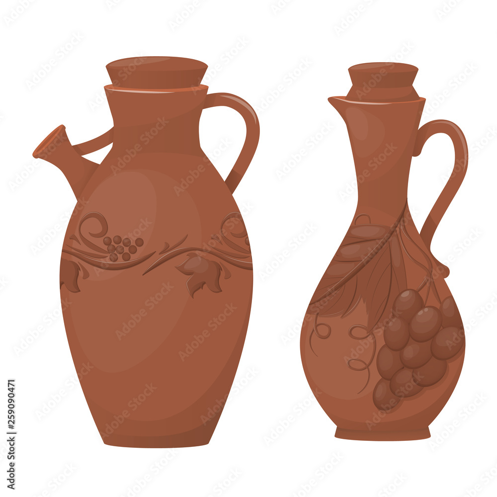 Ceramic pottery. Beautiful clay jugs with a decorative ornament.