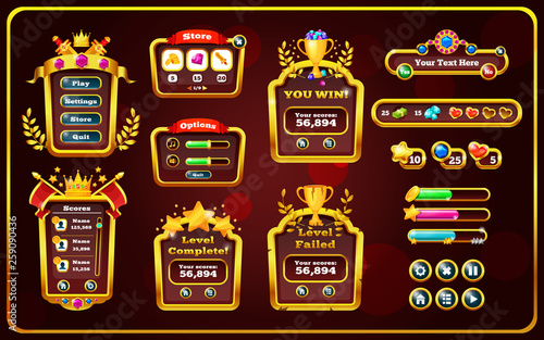 Game pop-up window with main menus, panel with buttons.