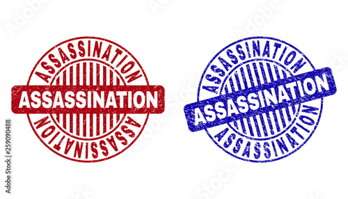 Grunge ASSASSINATION round stamp seals isolated on a white background. Round seals with grunge texture in red and blue colors.