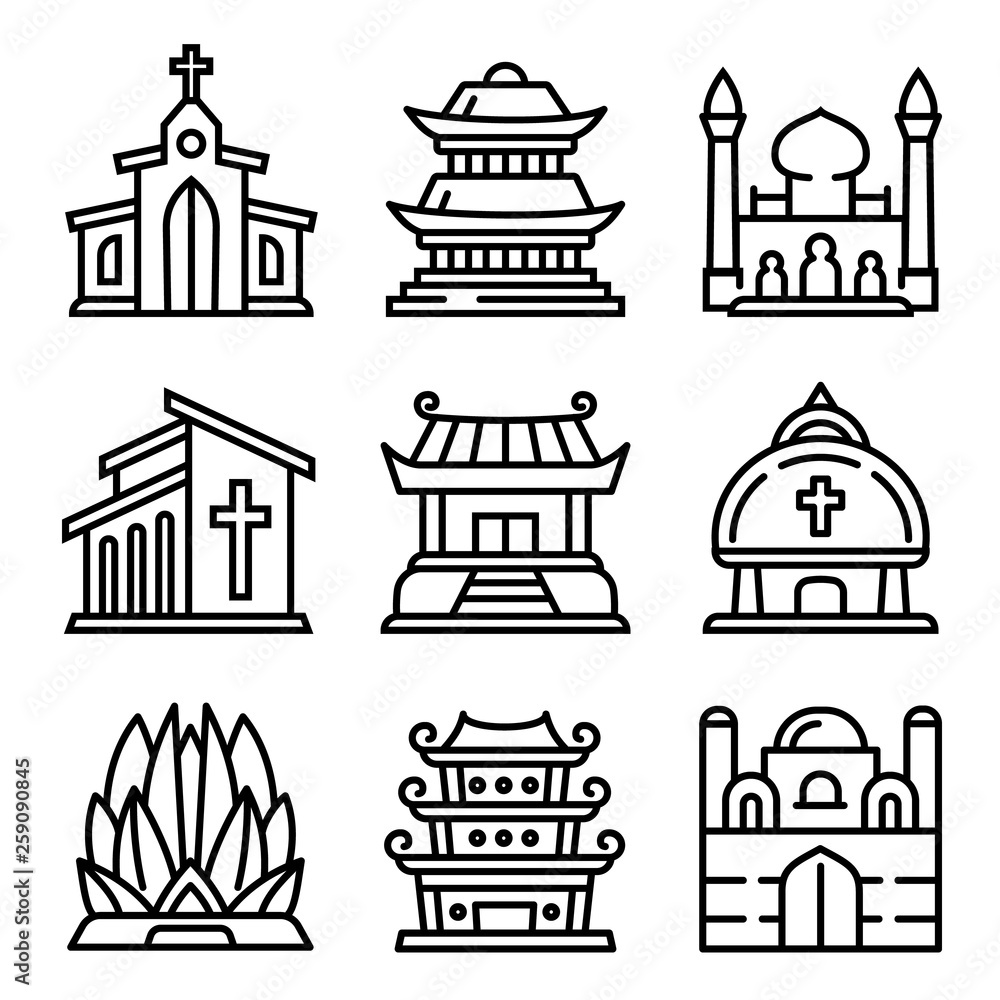 Temple icons set. Outline set of temple vector icons for web design isolated on white background