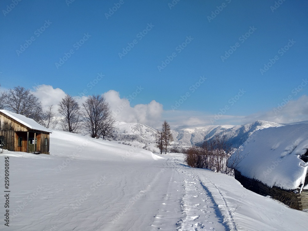 Obraz premium Paisaje de invierno con montaña en pueblo de Parva Transilvania Rumanía