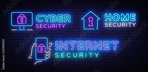 Cyber Security Neon signs set Vector. Internet Security neon sign, design template, modern trend design, night signboard, night bright advertising, light banner, light art. Vector illustration