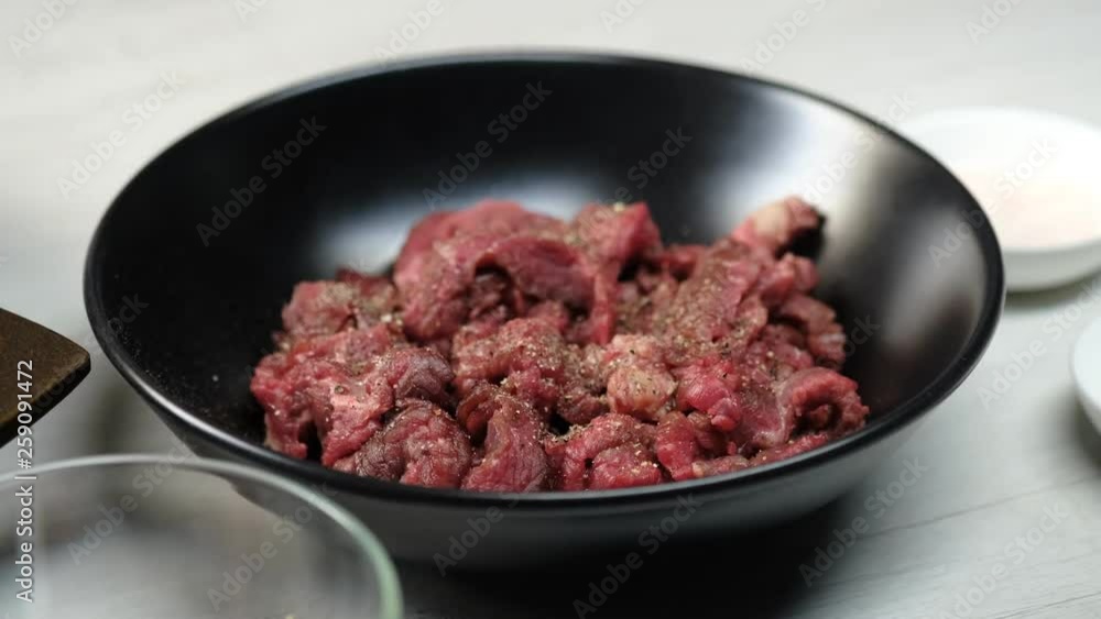 Chef cooking meat on pan, homemade cooking concept. Chef cooking meat on pan, homemade cooking concept.