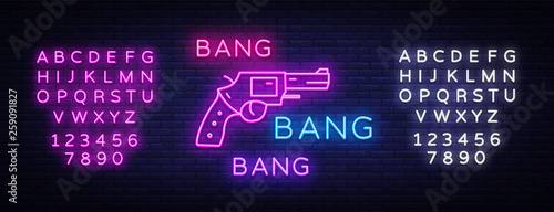 Bang Bang Gun neon sign vector. Pop Art Design template neon sign, light banner, neon signboard, nightly bright advertising, light inscription. Vector illustration. Editing text neon sign