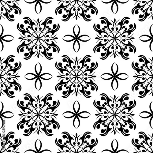 Floral seamless decorative design. Black and white monochrome pattern