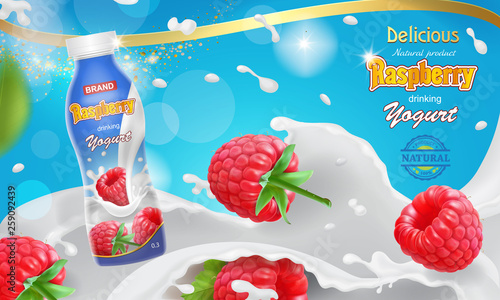 Raspberry yogurt advertising Fresh yogurt splash with fruits and bottle Vector realistic
