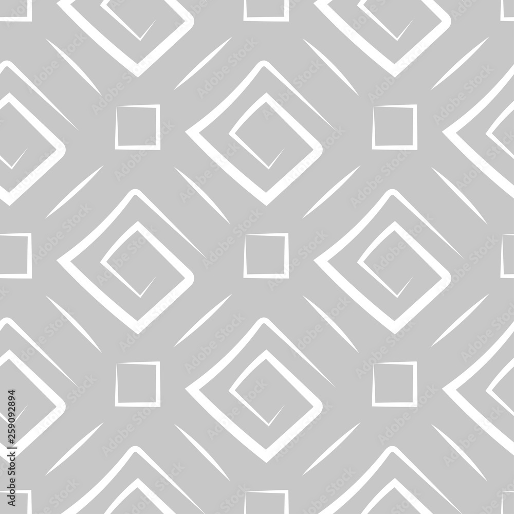 Geometric seamless pattern. White ornament on gray background with square design Geometric seamless pattern. White ornament on gray background with square design