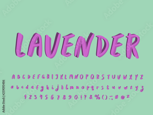 Paintbrush Alphabet lavender color. Vector letters and numbers