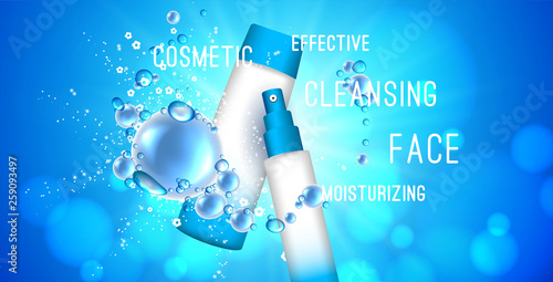 Stock 3d illustration with a set of cosmetics for effective cleansing of the skin, face, moisturizing cosmetics, soap bubbles or water