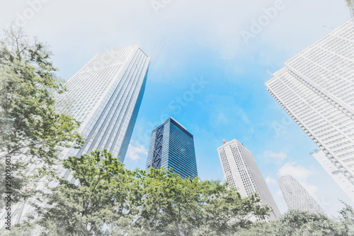 looking up view of city skyline with sketch effect
