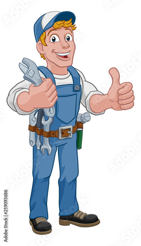 Mechanic plumber maintenance handyman cartoon mascot man holding a wrench or spanner. Giving a thumbs up