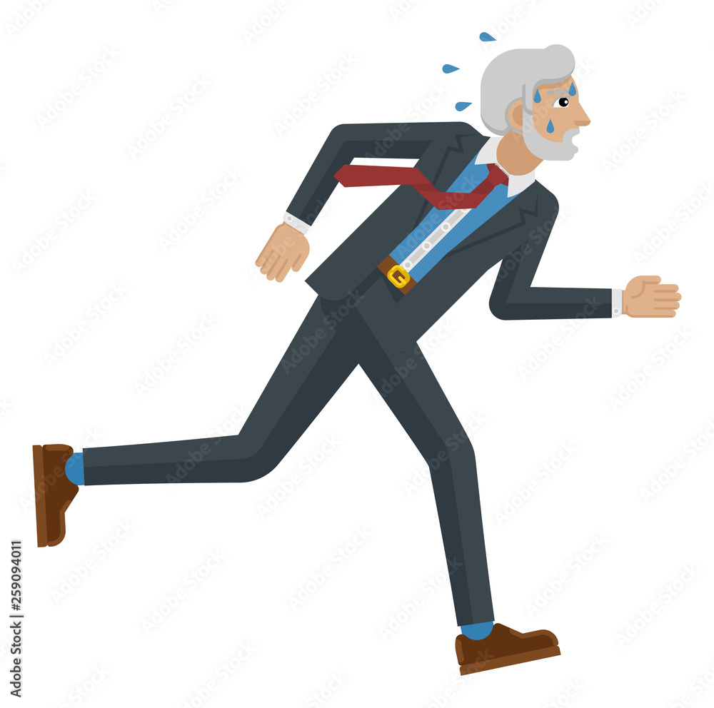A stressed and tired looking mature businessman running as fast as he can to keep up with his workload or compete. Business concept illustration in flat modern cartoon style A stressed and tired looking mature businessman running as fast as he can to keep up with his workload or compete. Business concept illustration in flat modern cartoon style