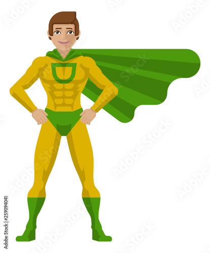 A superhero cartoon mascot man in his green and yellow super hero costume compete with cape in a flat modern cartoon style