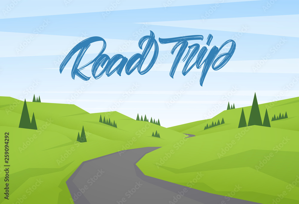 Naklejka premium Vector cartoon flat summer landscape with handwritten type lettering of Road trip