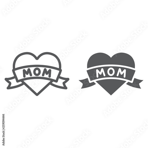 Heart with mom inscription line and glyph icon, love and mother, love mom tatoo sign, vector graphics, a linear pattern on a white background.