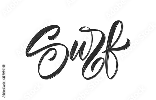 Handwritten brush type lettering of Surf on white background.