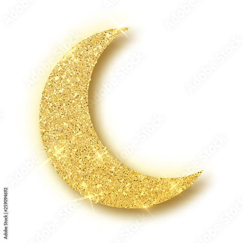 Crescent Islamic for Ramadan Kareem design element isolated. Gold glitter moon vector icon of Crescent Islamic isolated. Luxury gold crescent, half moon gold glittering confetti particles background