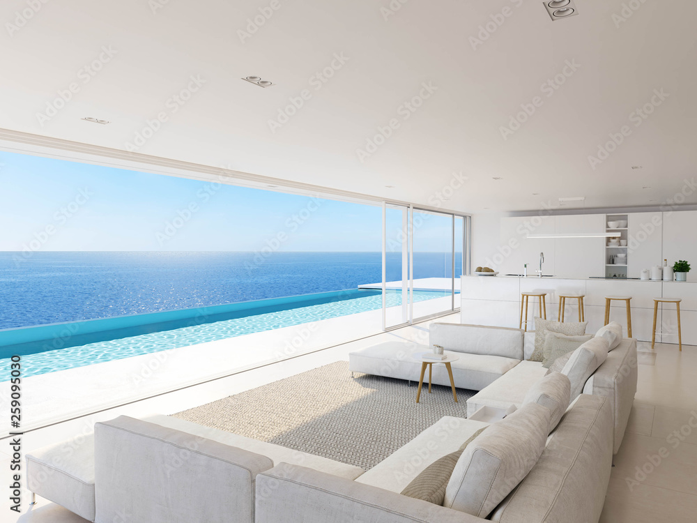 3D-Illustration. modern luxury summer villa with infinity pool - obrazy, fototapety, plakaty 