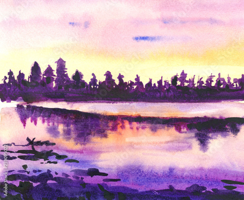 Drawing watercolor. Forest in the rays of sunsets