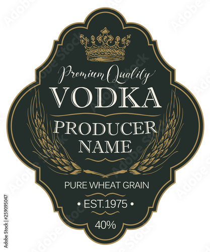 Vector label for vodka in the figured frame with crown, ears of wheat and inscriptions on the black background in retro style. Premium quality, pure wheat grain