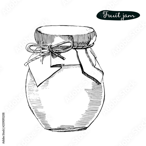 Vector hand drawn Illustration with jar full of fruit jam,isolated on the white background. Sketch can for jam.Cartoon style.