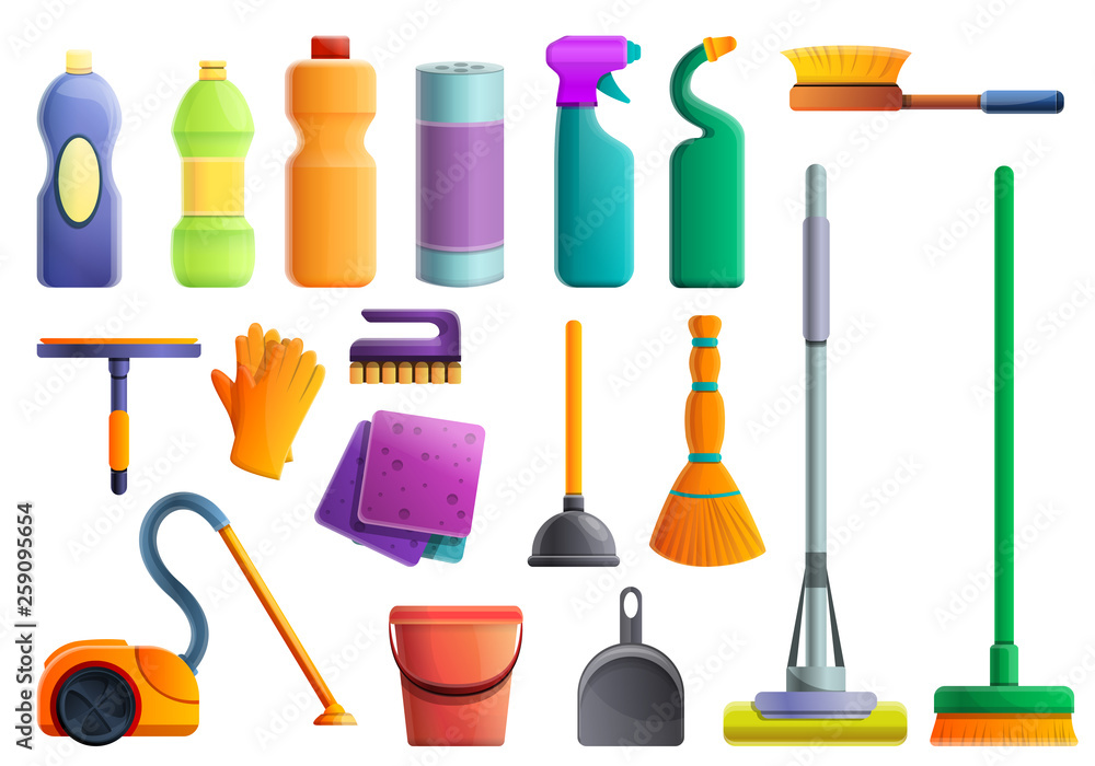 Set of cleaning equipment. House cleaning service tools cartoon