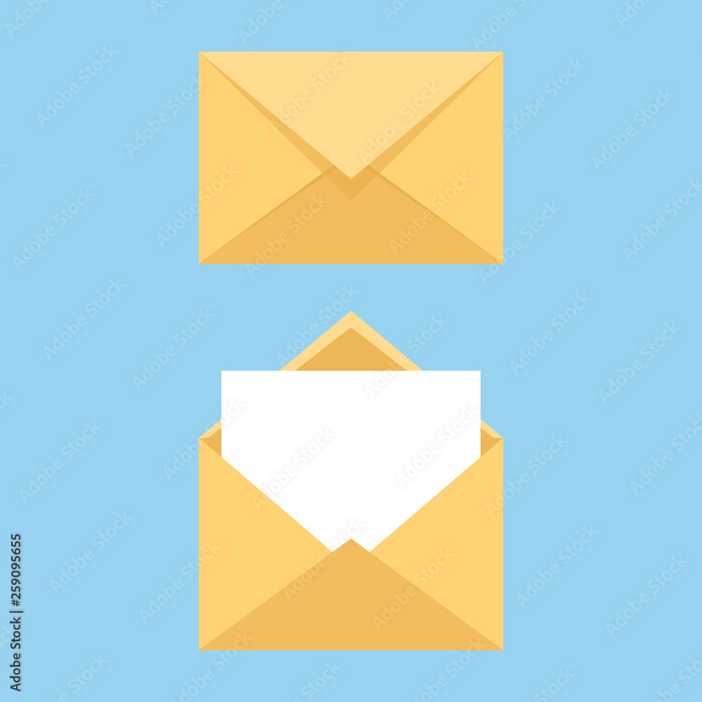 Opened and closed envelope with note paper card. Mail icon. Vector illustration. Opened and closed envelope with note paper card. Mail icon. Vector illustration.