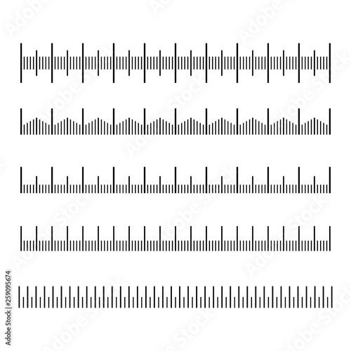 Vector set of metric rulers in flat style. Measuring scales. Mackup for rulers. Size indicators set isolated on background. Unit distances. Concept graphic element.