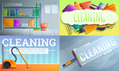 House cleaner equipment banner set. Cartoon illustration of house cleaner equipment vector banner set for web design