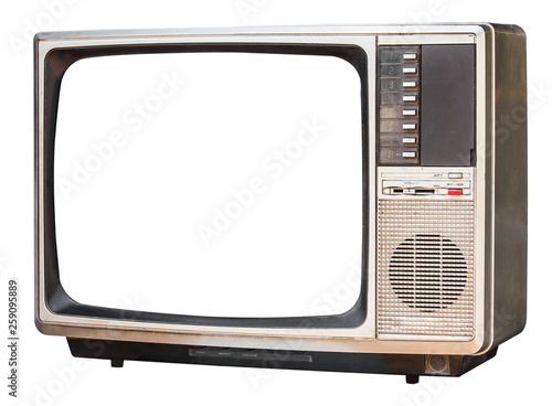 old retro color bronze  home TV receiver isolated on white background,side view old television