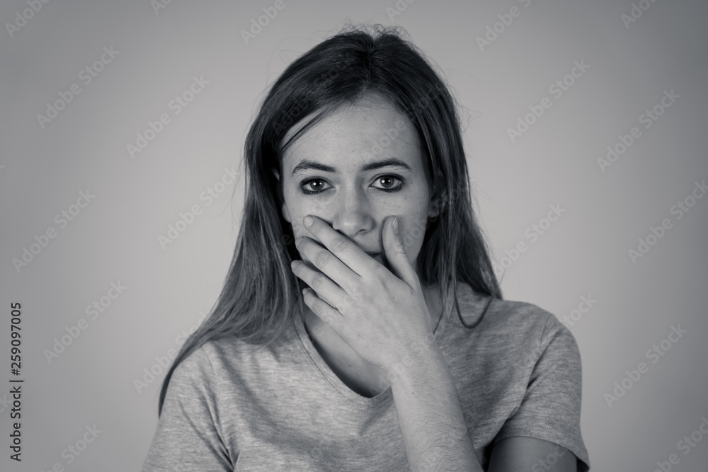Portrait of concern shocked teenager girl with frightened gestures. Scared face, shocked emotion Portrait of concern shocked teenager girl with frightened gestures. Scared face, shocked emotion