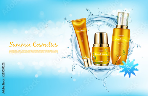 Vector realistic cosmetic background promo banner for summer spf cosmetics. Sunscreen products in elegant golden package on blue shining background with liquid water splash mock up for glossy magazine