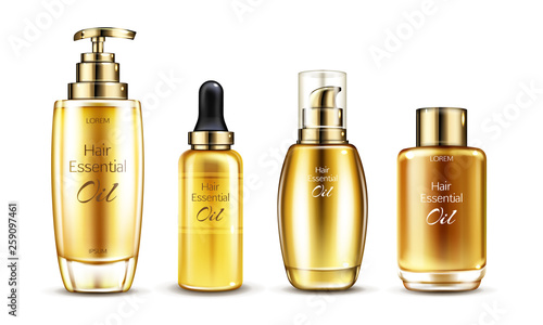 Vector 3d realistic essence in golden glass bottle with pump dispenser. Hair serums in different packaging, cosmetic products isolated on white background. Oily cosmetics for ad poster, promo banner