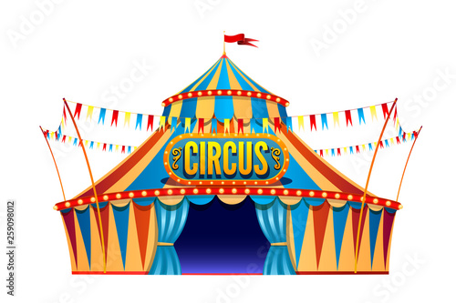 Classic red yellow travel circus tent on transparent background with decorative signboard, decorated with flags isolated vector illustration