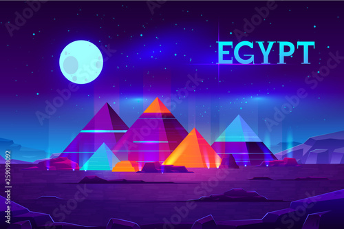 Giza plateau nigh landscape with egyptian pharaohs pyramids complex illuminated with moonlight neon colors cartoon vector background. Ancient historical  famous touristic attractions in african desert
